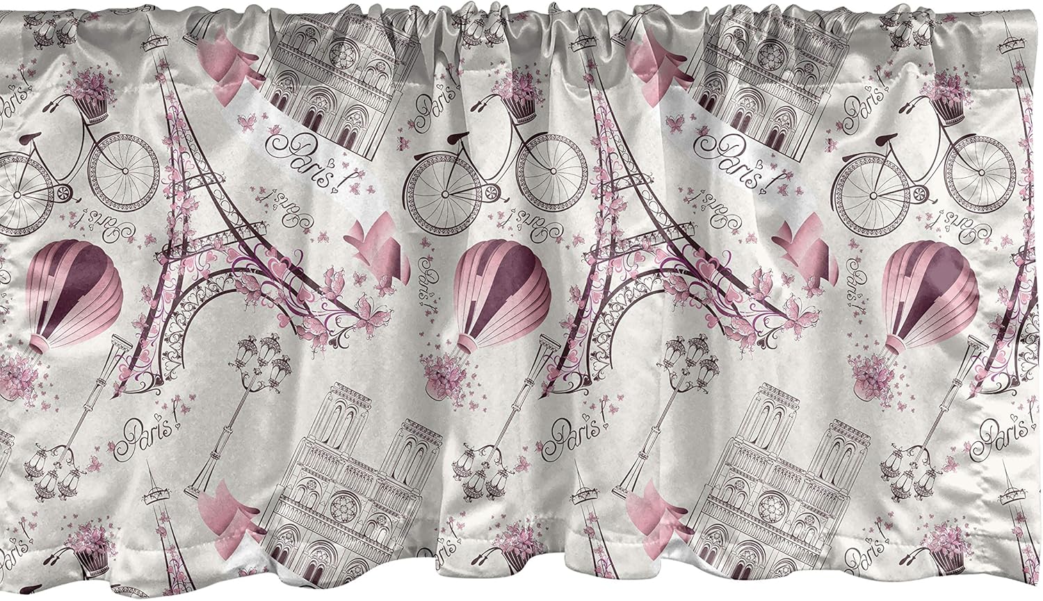 Lunarable City Love Window Valance, Iconic Elements of Paris Hearts on The Eiffel Tower and a Bicycle, Curtain Valance for Kitchen Bedroom Decor with Rod Pocket, 54