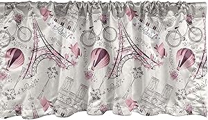 Lunarable City Love Window Valance, Iconic Elements of Paris Hearts on The Eiffel Tower and a Bicycle, Curtain Valance for Kitchen Bedroom Decor with Rod Pocket, 54