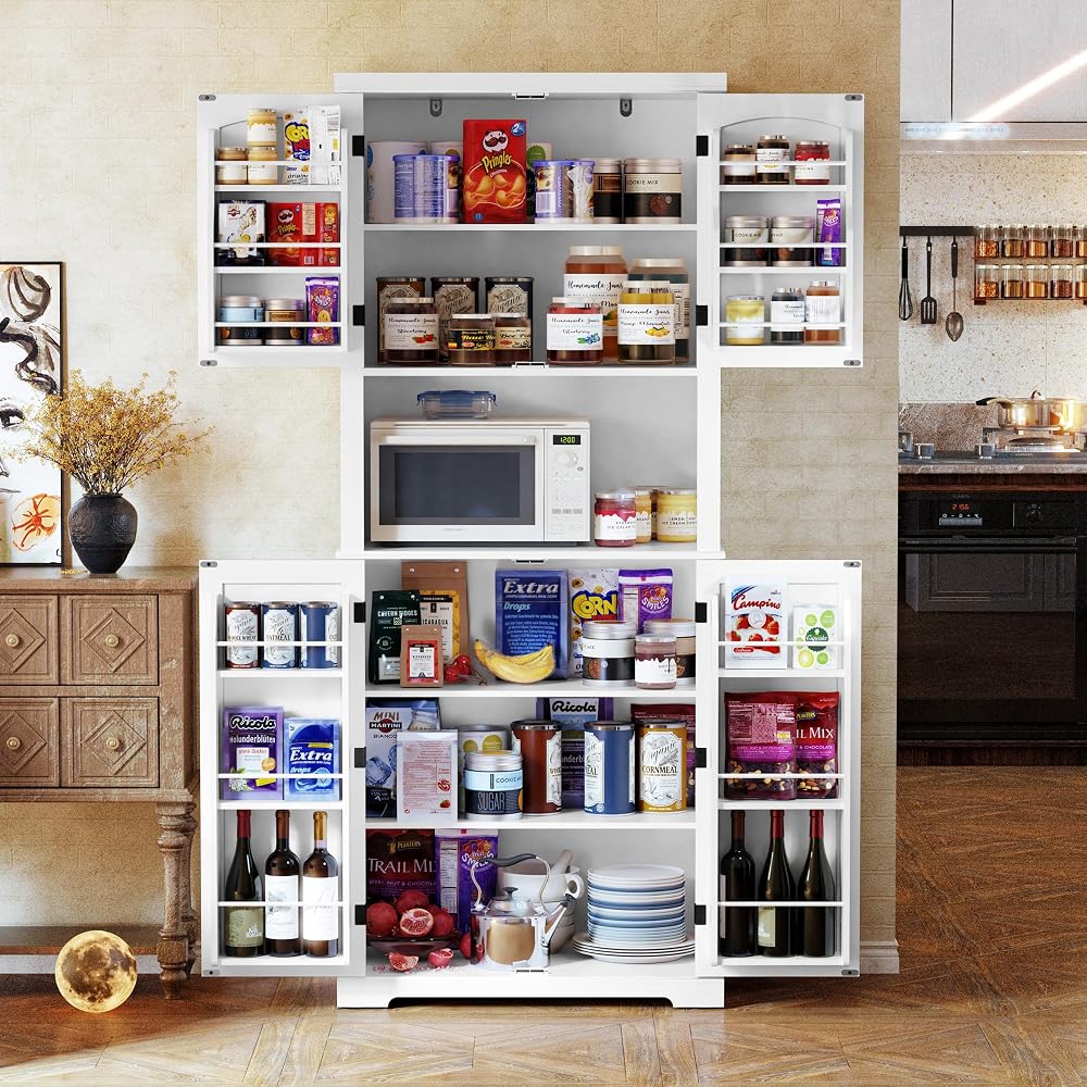 HOLTICO Tall Floor Storage Cabinet - Adjustable Shelves, White Pantry Unit