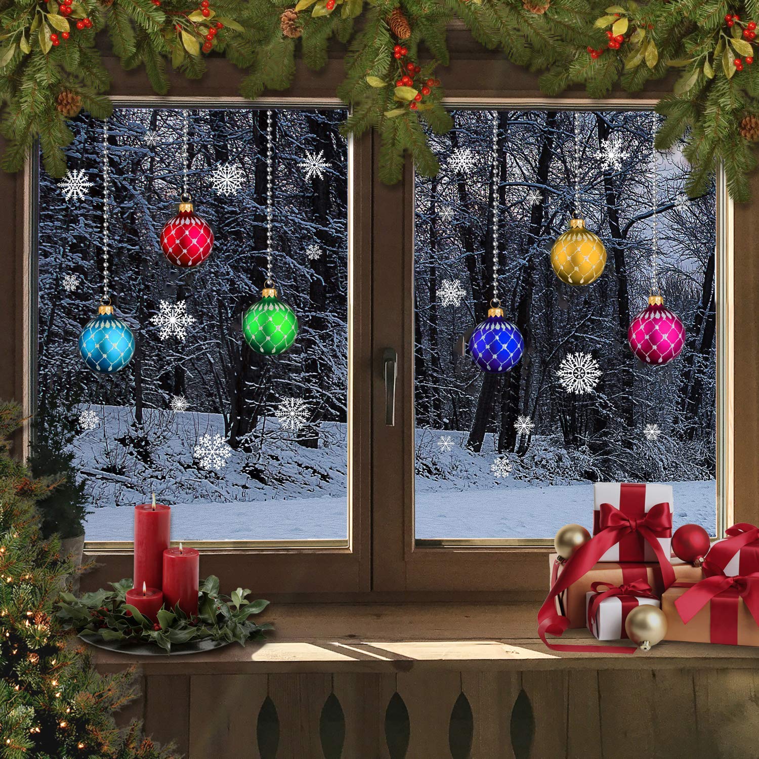 Pack of 2 Christmas Stained Glass Bauble Candle Arch Snowflake Window Stickers Cling (Bauble Original)