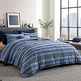 Wonderful Denim Blue Comforter Set Queen Size, Yarn Dyed Farmhouse Striped Cotton Lightweight Boho Comforter with Pillow Shams, Fluffy Bedding Set for All Season