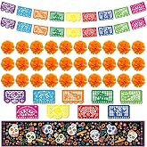 67PCS Dia De Los Muertos Decorations, Ofrenda Decorations for Altar, 16Pcs Papel Picado, 1Pcs Linen Mexican Table Runner, 50Pcs Marigold Garland for Day of The Dead.
