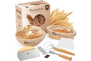 ABIOTO Sourdough Bread Baking Supplies and Proofing Baskets, A Complete Bread Making Kit Including 9" Round & 10" Oval Bannetons, Bread Lame, Danish Whisk, Bowl & Dough Scrapers, and Linen Liners
