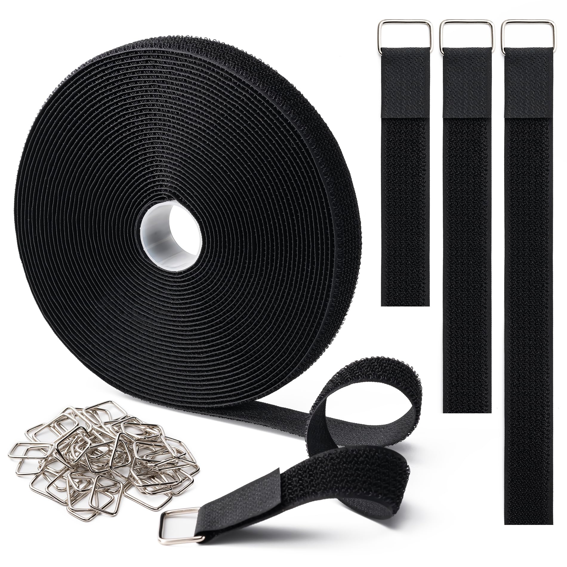 Photo 1 of 1" x16Ft Hook and Loop Straps with 25 Metal Buckles, Adjustable Fastening Cable Straps, Free Cut Length, Reusable Nylon Cable Ties for Organizer or Storage, Black