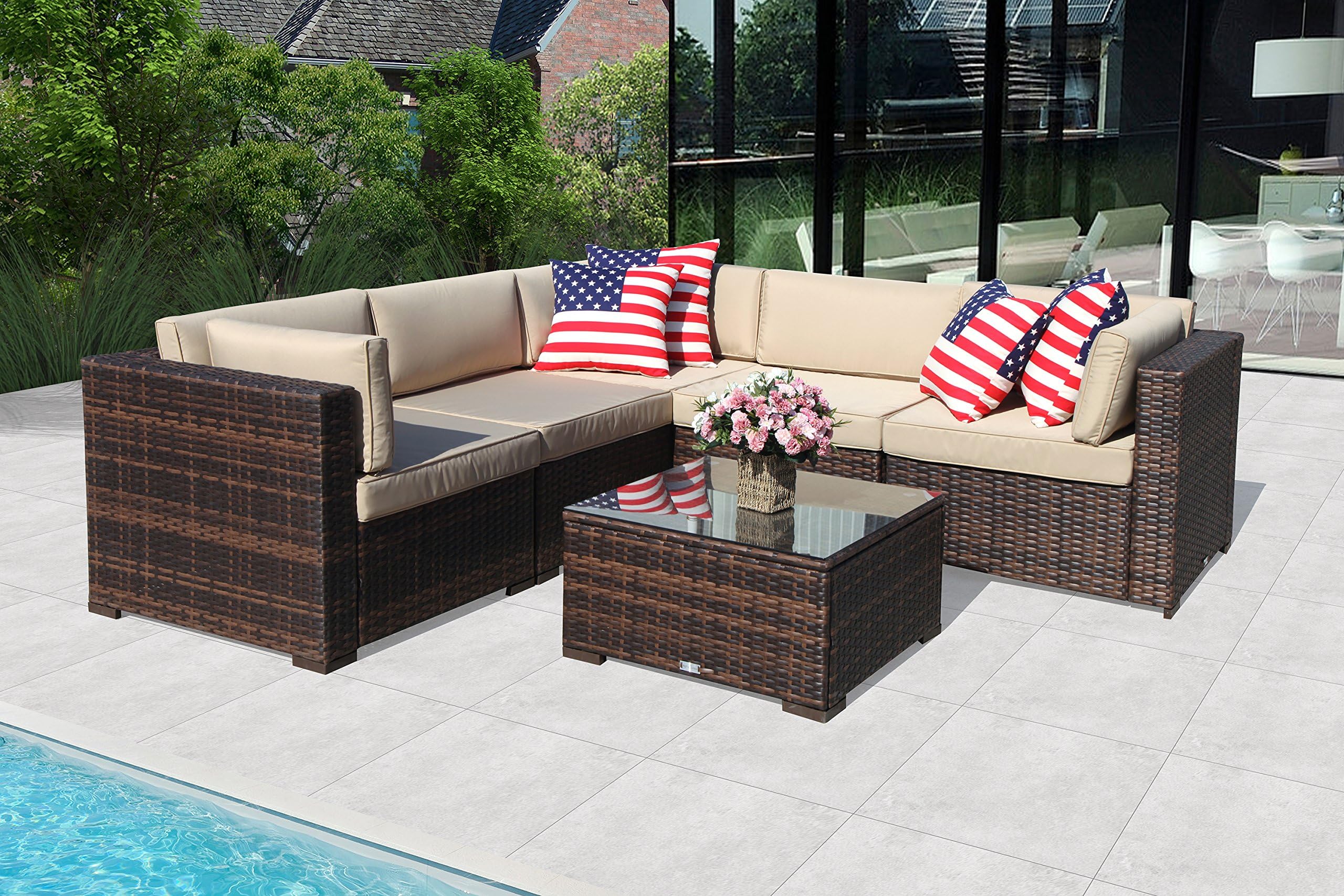 Patiorama Outdoor Furniture Sectional Sofa Set (6-Piece Set) All-Weather Brown PE Wicker with Beige Seat Cushions &Glass Coffee Table| Patio, Backyard, Pool| Steel Frame