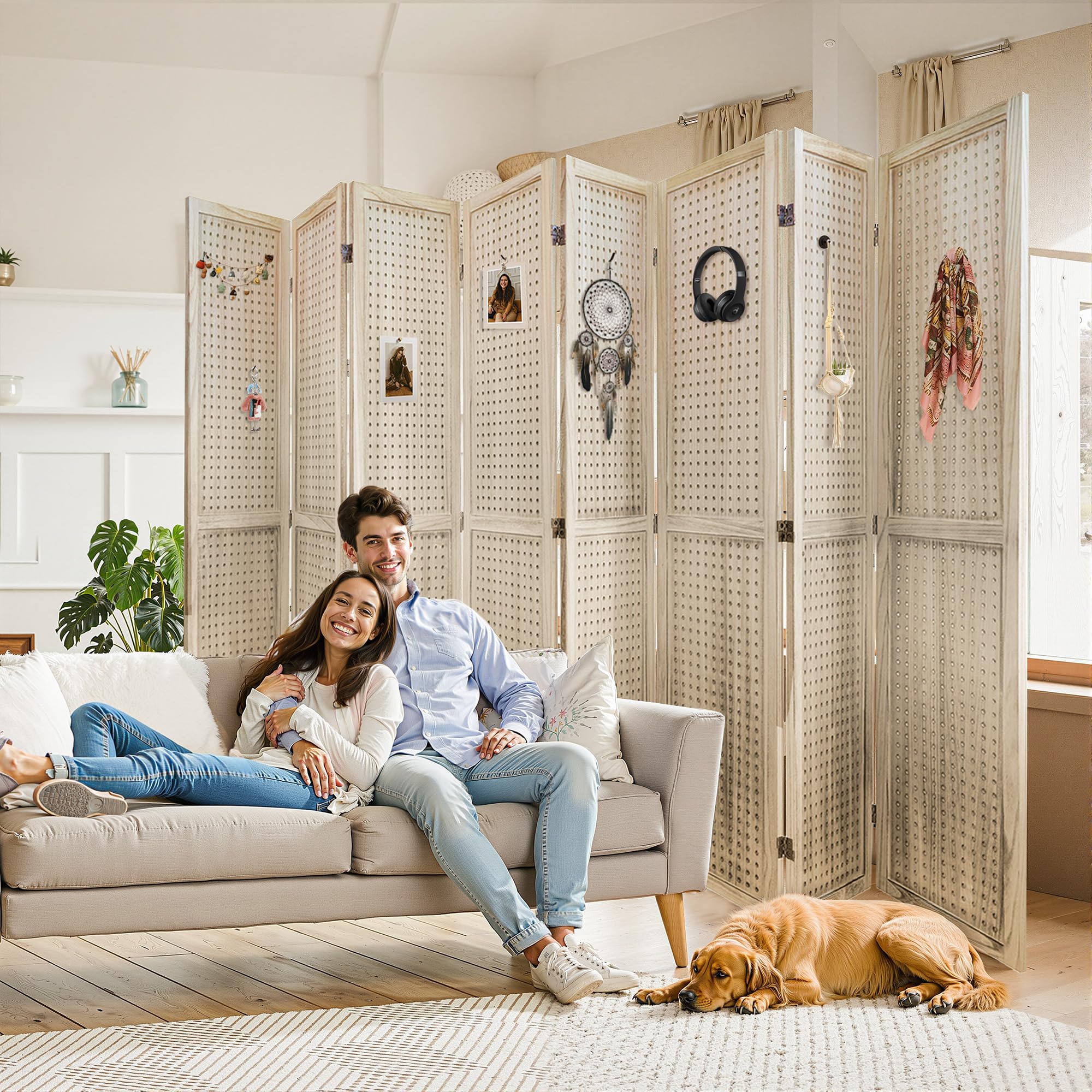 Photo 1 of Osparple Room Divider, 5.6FT Folding Room Divider Panel and Privacy Screen, 8 Panel Pegboard Display Partition Wall Divider for Room Separation, Natural Wood