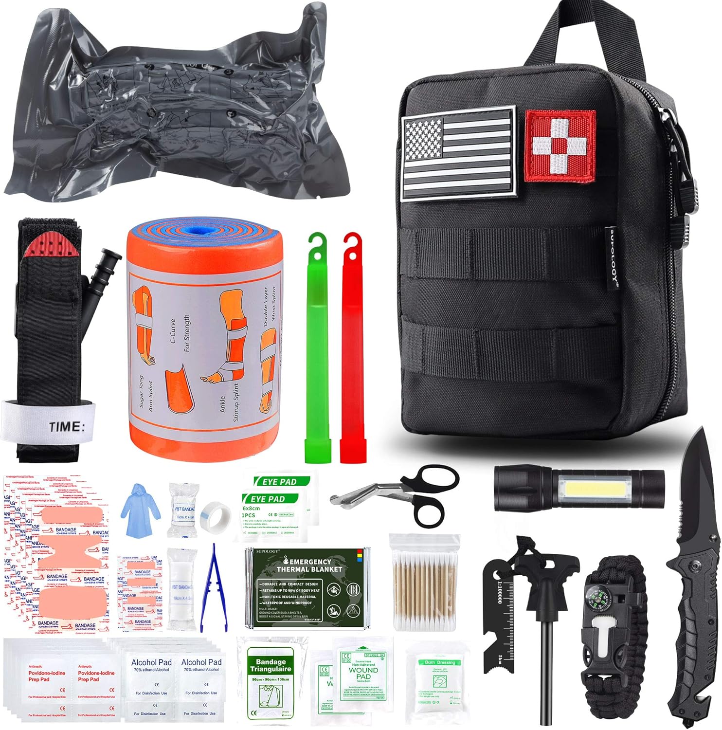 SUPOLOGY Emergency Survival First Aid Kit,135-In-1 Trauma Kit with Tourniquet 36" Splint, Military Combat Tactical IFAK EMT for First Aid Response, Disaster Home Outdoor Camping Emergency Kit: Health & Personal Care