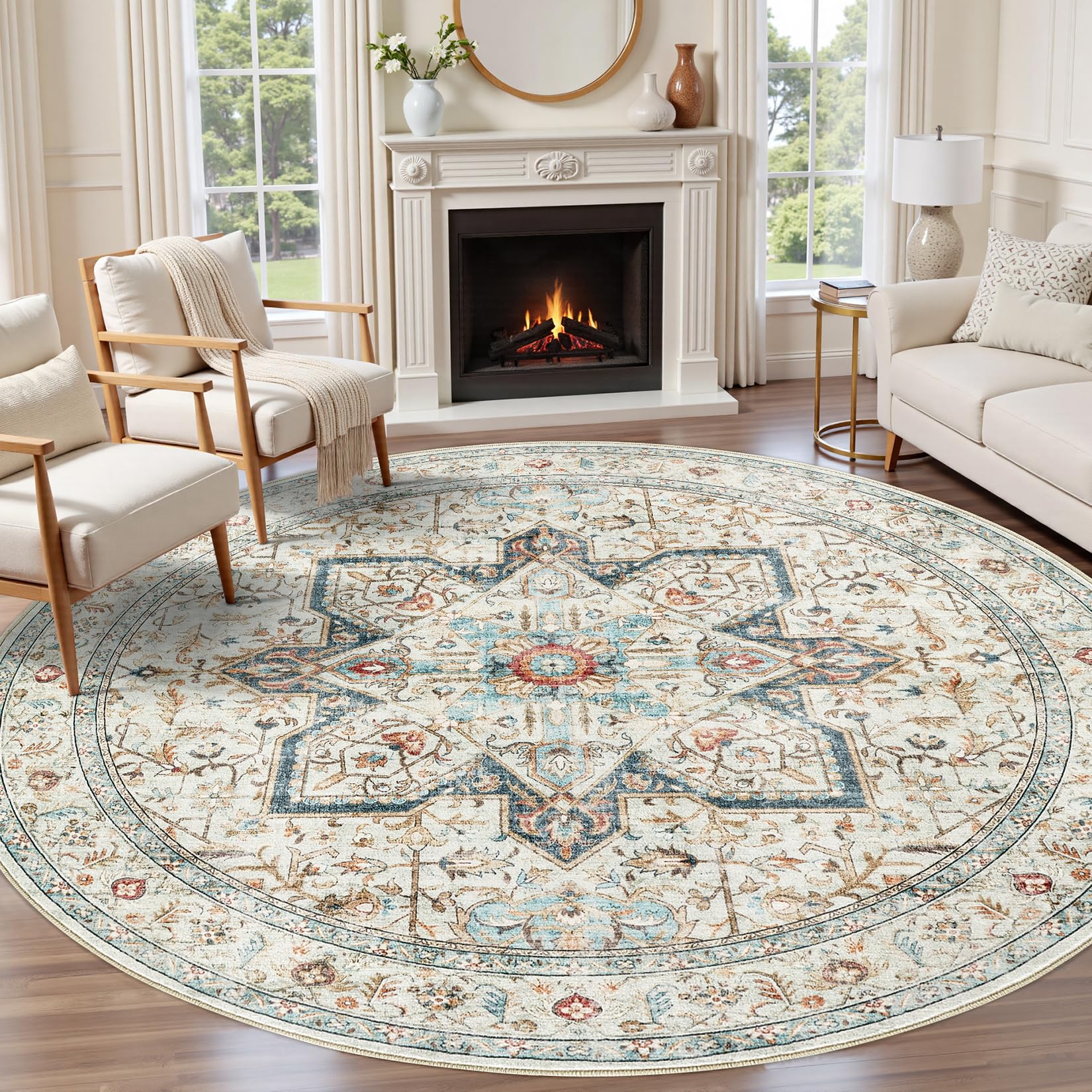 Tortania 10' Round Area Rug Living Room Rugs - Washable Boho Rug Vintage Oriental Distressed Farmhouse Large Thin Indoor Carpet for Bedroom Under Dining Table Home Office - Aqua Multi Image