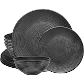 Bzyoo 12 Piece Melamine Dinnerware Set - Durable, Dishwasher Safe Organica Black Plates and Bowls Sets Casual Dish Set for Dining, Outdoor and Kitchen
