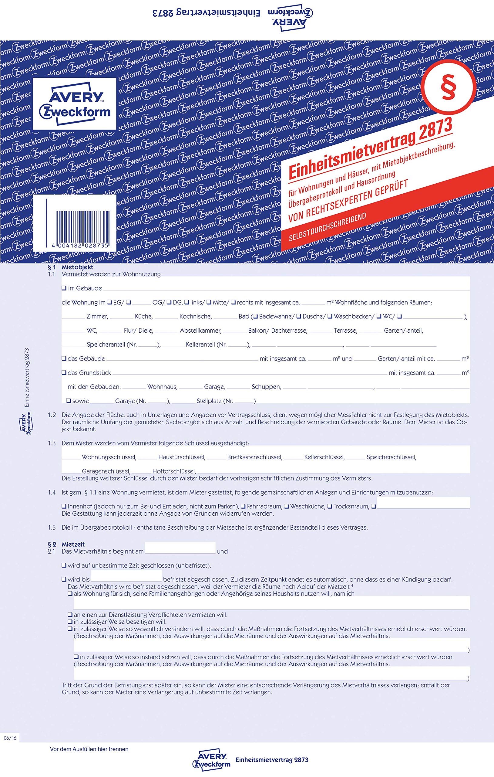 AVERY Zweckform 2873 Unit Rental Agreement for Apartments and Houses (A4, 5 Sets with Transfer Log and House Regulation, 5 Pages with self-rubbing Copy, Tested by Right-Experts)