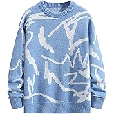 ZAFUL Men's Oversized Sweater Long Sleeve Crewneck Y2K Graphic Color Block Casual Knitted Pullover Sweater (3-Blue, 2XL)