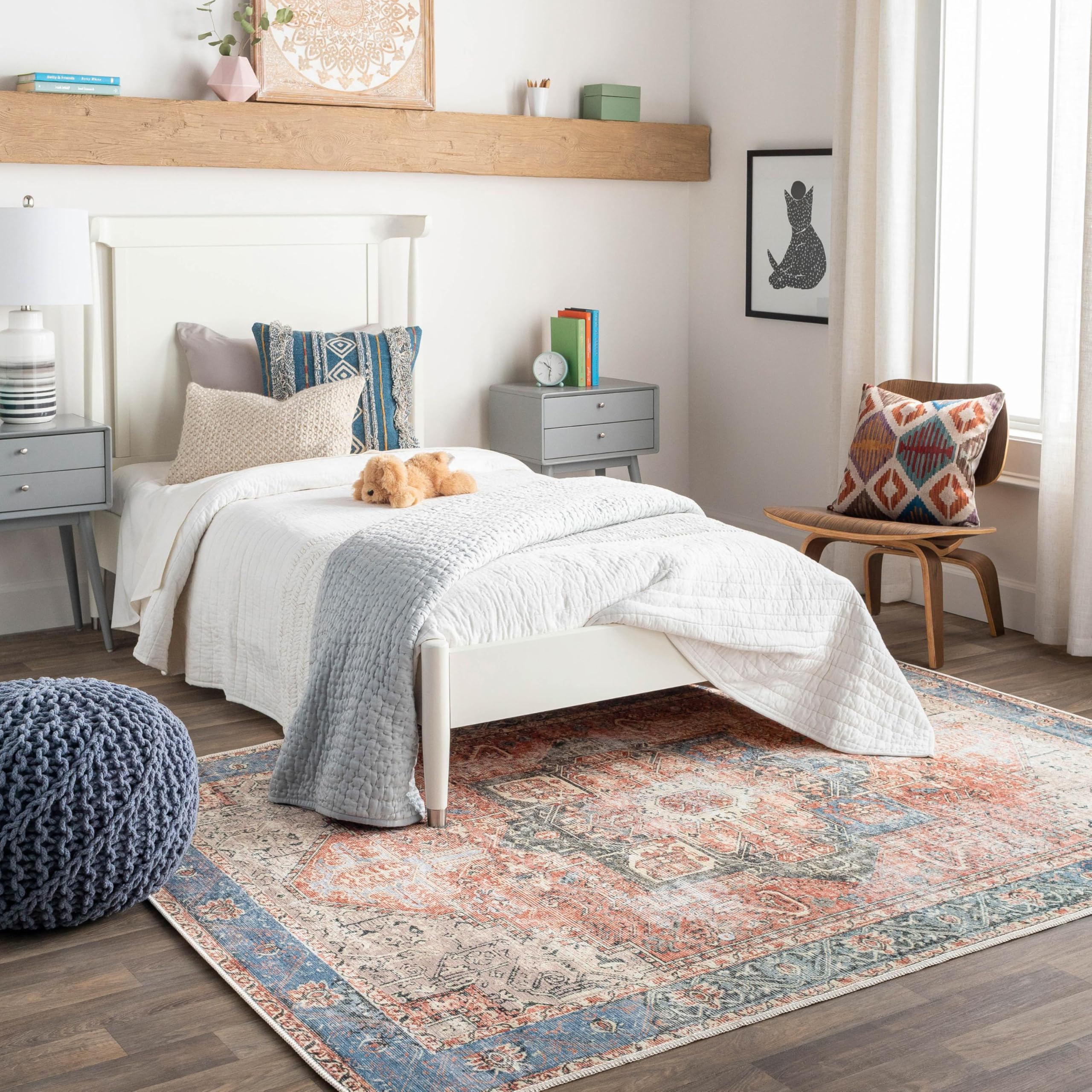 Livabliss Rodas Machine Washable Rug - Vintage Area Rugs Living Room, Large Rug 160x220 cm - Traditional Boho Style, Dining Room, Kitchen, Outdoor, Hallway - Burnt Orange and Dark Blue