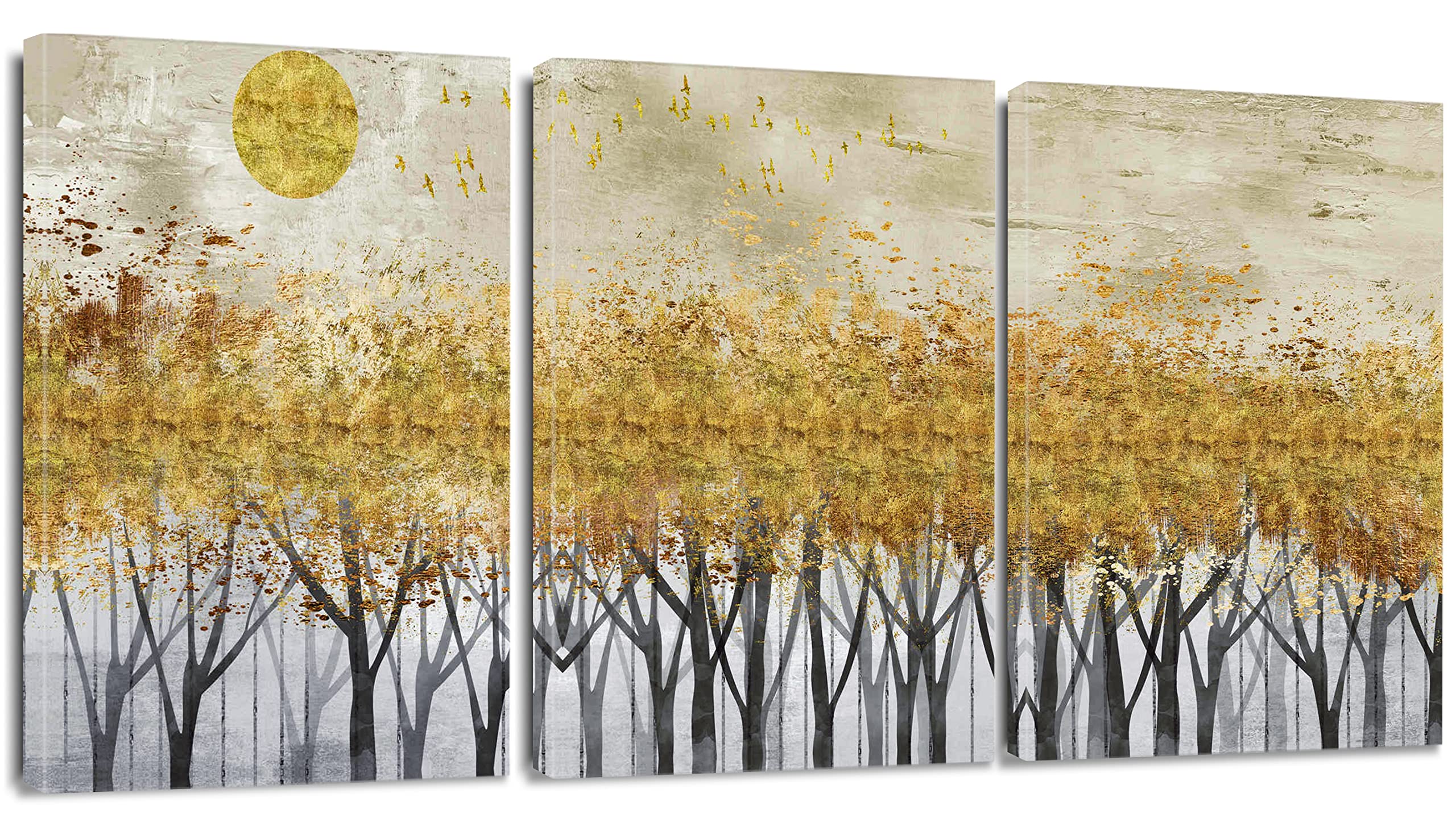 Artscope 3 Pieces Wall Art Canvas Prints - Autumn Yellow Leaf Forest with Sun Picture Painting - Modern Wall Artwork Framed for Gifts Bathroom Living Room Home Office Decor - 30 x 40 CM