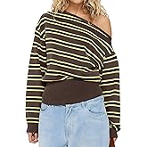 KIGRAD Women Y2k Vintage Striped One Off Shoulder Asymmetrical Sweater Tops Oversized Long Sleeve Pullover Fall Outfits