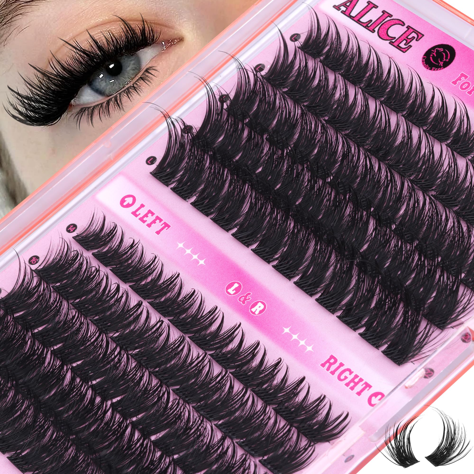 ALICE Lash Clusters Cat Eye Eyelash Clusters Cluster Eyelash Extensions Wispy Volume Lash Extensions Left & Right Thin Band 14-22mm Individual Lashes DIY at Home