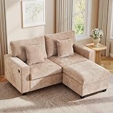 PHOYAL Sectional Sofa Couch, 2 Seater Sofa with Storage Ottoman, L-Shaped Chenille Deep Seat Modern Couch with Charging Ports for Living Room Bedroom Apartment, DIY Combination, Brown