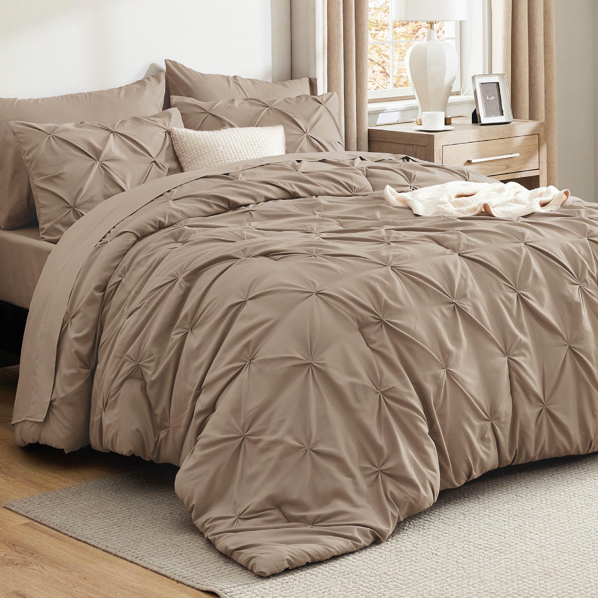 Photo 1 of Bedsure Queen Comforter Set Khaki - Bed in a Bag Queen Size 7 Pieces, GentleSoft™ Pintuck Bed Set Gift for Family, Pinch Pleat Khaki Comforter with Sheets, Pillowcases & Shams