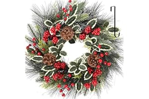 NISOGER 24 Inch Christmas Wreath, Xmas Wreath for Front Door with Hanger, Farmhouse Rattan Base Christmas Decor with Red Berry Pine Cone Spruce, Artificial Wreath Christmas Decorations for Indoor Outdoor Use