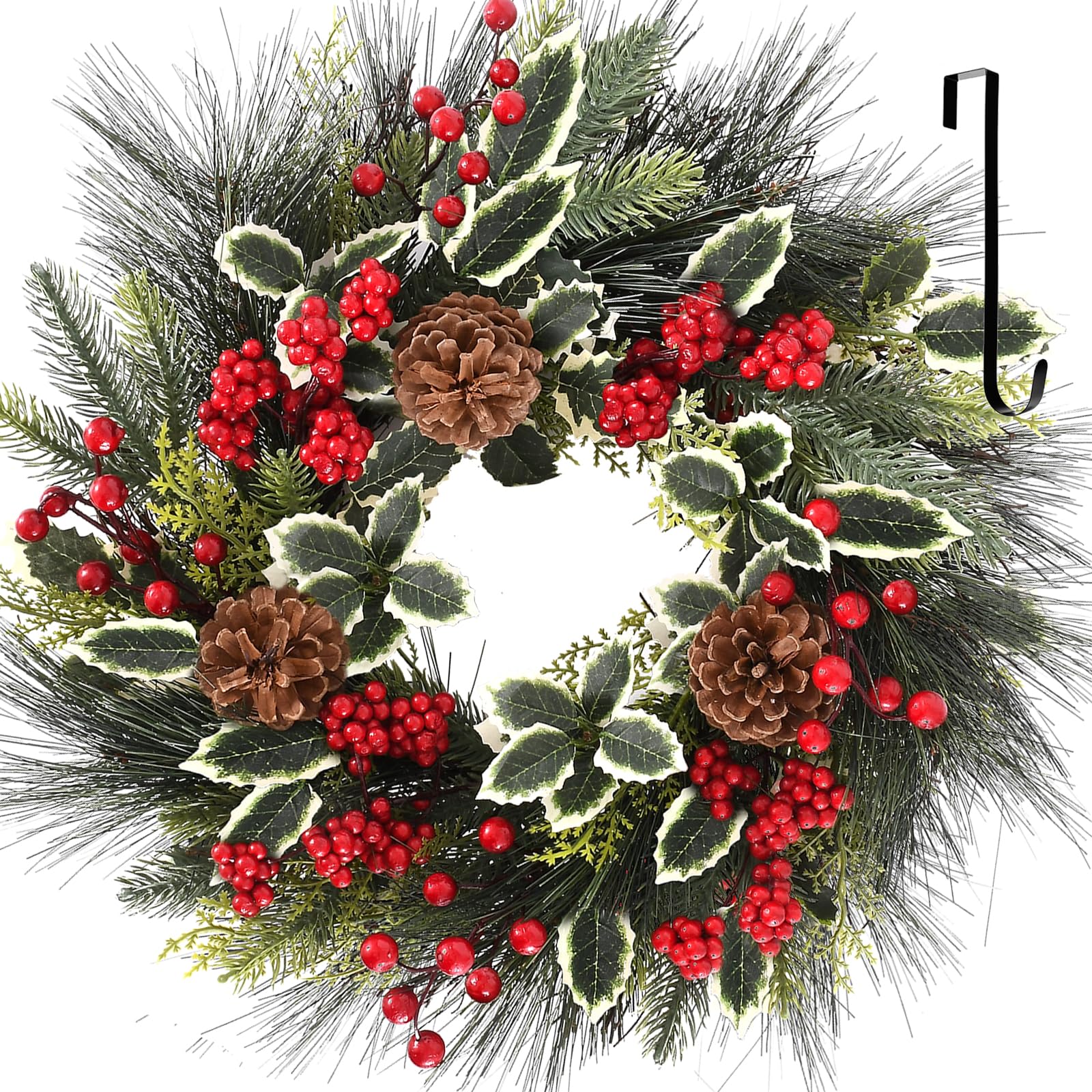 Photo 1 of 24 Inch Christmas Wreath, Xmas Wreath for Front Door with Hanger, Farmhouse Rattan Base Christmas Decor with Red Berry Pine Cone Spruce, Artificial Wreath Christmas Decorations for Indoor Outdoor Use