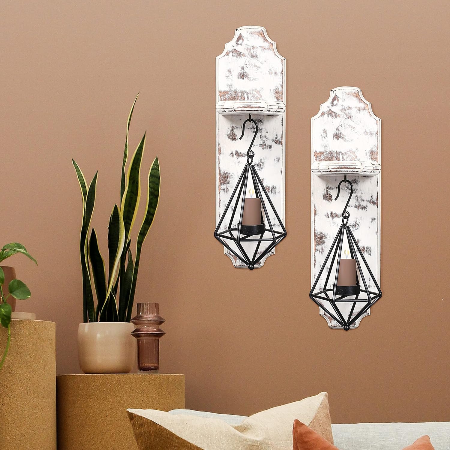 Wood Candle Holders,Wallmounted Pillar Candle Sconce,Wall Mount Rustic Candleholders,Floating Shelves,Hanging Shelf,Farmhouse Wall Décor,Large Wooden Handmade Sconces-15.5x4x5.25 White Wash Set of 2: Kitchen & Dining