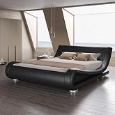SHA CERLIN Queen Size Sleigh Bed Frame, Low Profile, Faux Leather, Black | Upholstered Platform Beds, Ergonomics Adjustable Headboard, Heavy Duty Strong Support, No Box Spring Needed, Easy Assembly