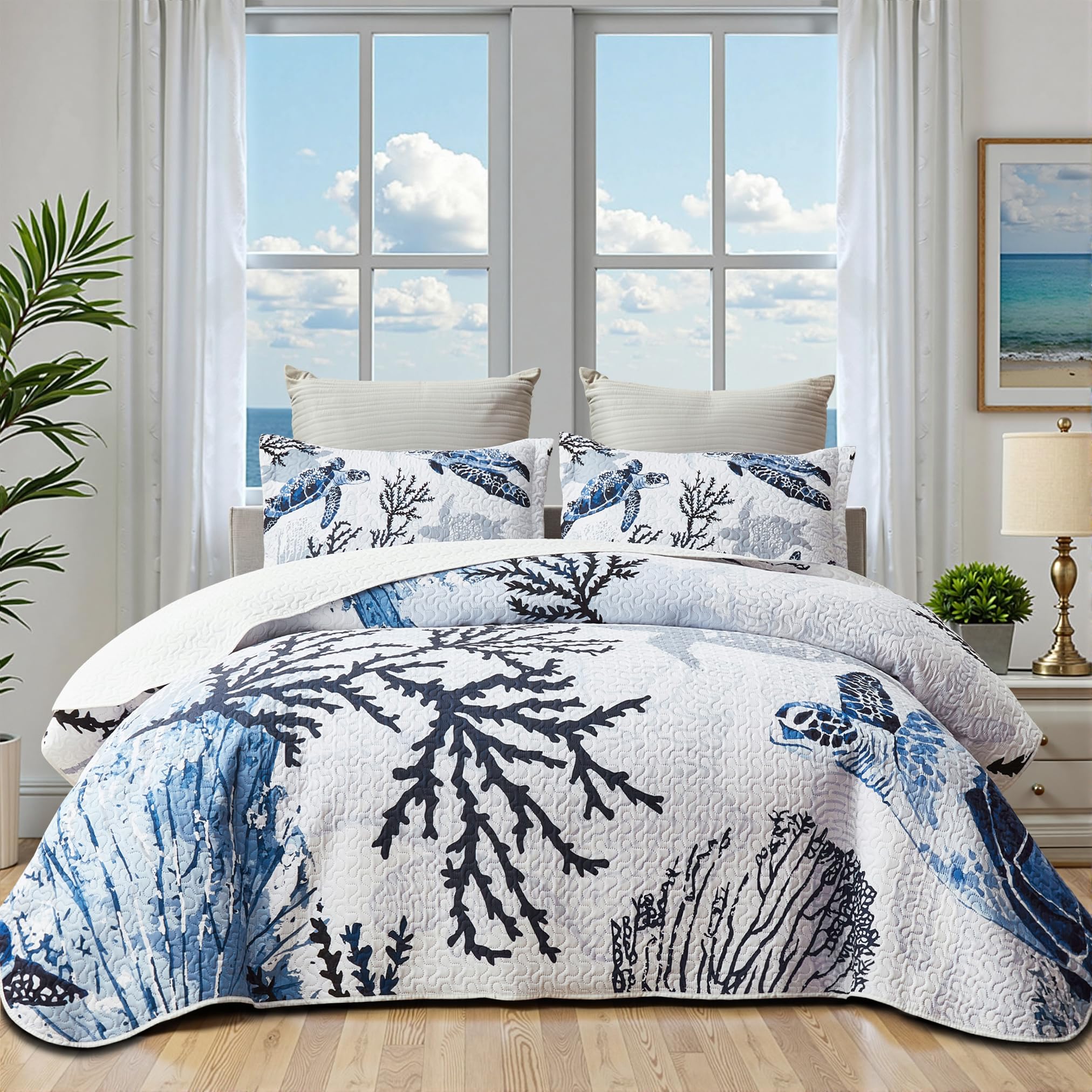 Photo 1 of Coastal Bedding California King Size Coastal Quilt with 2 Shams, Nautical Beach Comforter Sets Ocean Bedspreads Blue Seaturtle Coverlet Summer Bedding, 106''x118''