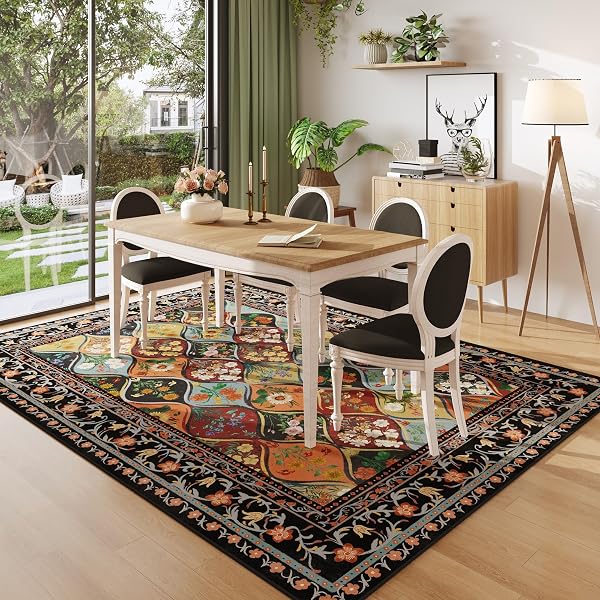 VOWKTEN BOHEMIAN GEOMETRIC FLORAL 8X10 AREA RUGS, MACHINE WASHABLE, LOW PILE SOFT CARPET, NON-SLIP FOR LIVING ROOM, BEDROOM, DINING ROOM, FARMHOUSE, KIDS PLAYROOM, OFFICE | BLACK