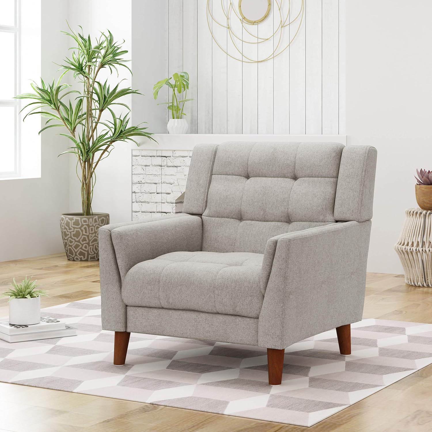 Christopher Knight Home Evelyn Mid Century Modern Fabric Arm Chair, Beige & Walnut (305538): Furniture & Decor