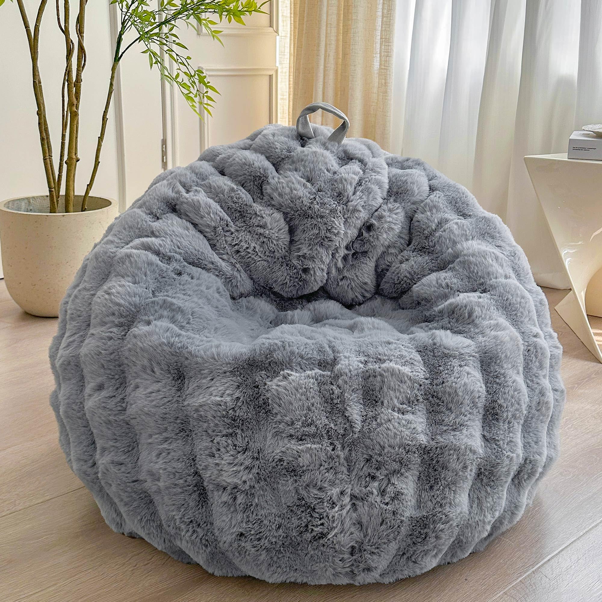 Photo 1 of LIFEREVO Fluffy Faux Rabbit Fur Bean Bag Cover (No Filler), Soft Stuffed Fuzzy Animal Storage Bubble Bean Bag Chair for Plush Toys, Gray Shaggy Furry Beanbag Cover Kids Girls Adults 3ft, Light Grey