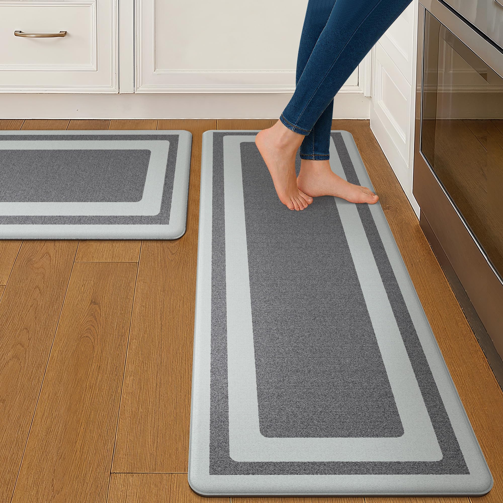Photo 1 of GENIMO Kitchen Mats for Floor 2 PCS Cushioned Anti-Fatigue, Geometric Waterproof Kitchen Rugs Non Slip Washable, Comfort Standing Mat Rug for Kitchen, Office, Laundry, Darkgrey, 17"x 59"+17"x 30"