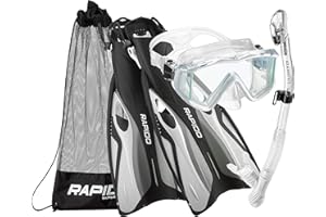 Phantom Aquatics Rapido Boutique Collection Clareza Three Window Tempered Glass Lens Mask Fin Snorkel Set with Snorkeling Gear Carry Bag