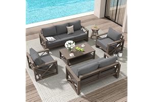 Amopatio Aluminum Patio Furniture Set, 8 Pieces Modern Metal Outdoor Furniture, Faux Wood Grain Finish Frame Patio Sofa Sets with 6" Cushion for Backyard, Dark Grey (Included Waterproof Covers)