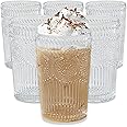 Kate Aspen Vintage Textured Clear Striped Drinking Glasses Set of 6, (13 oz) Ribbed Glassware Set with Flower Design | Cocktail Set, Glass Cups, Iced Coffee Cup