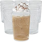 Kate Aspen Vintage Textured Clear Striped Drinking Glasses Set of 6, (13 oz) Ribbed Glassware Set with Flower Design | Cocktail Set, Glass Cups, Iced Coffee Cup