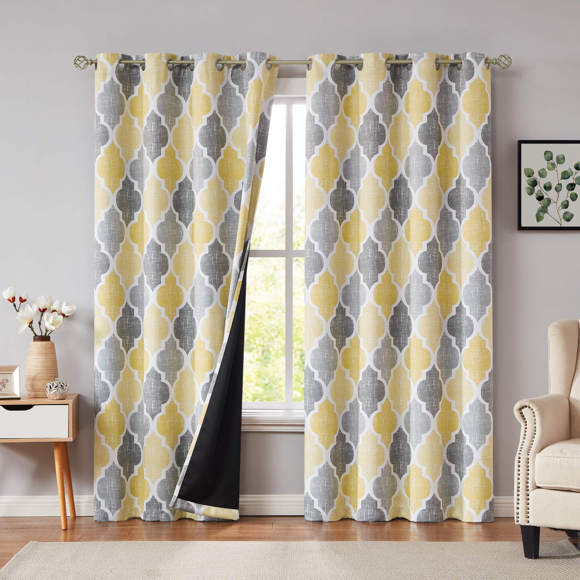 Beauoop Yellow Grey Blackout Curtains for Bedroom 72 Inch Drop Geometric Curtains Lattice Moroccan Print Room Darkening Thermal Insulated Energy Efficient Window Curtain Drapes 2 Panels