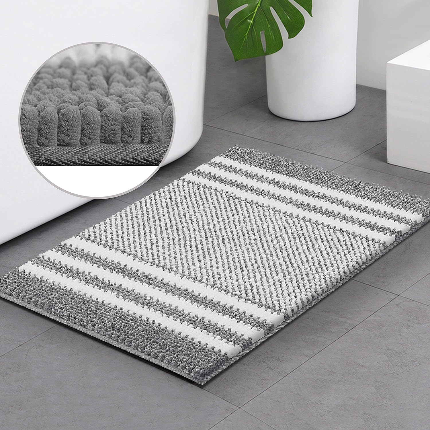 Bsicpro Chenille Bath Rug for Bathroom Shaggy Mat Shower Mats 32 x 21inch Super Non Slip Water Absorbent Carpet Stripe Pattern Plush Rugs for Tub, Shower, Bath Room (Grey): Kitchen & Dining