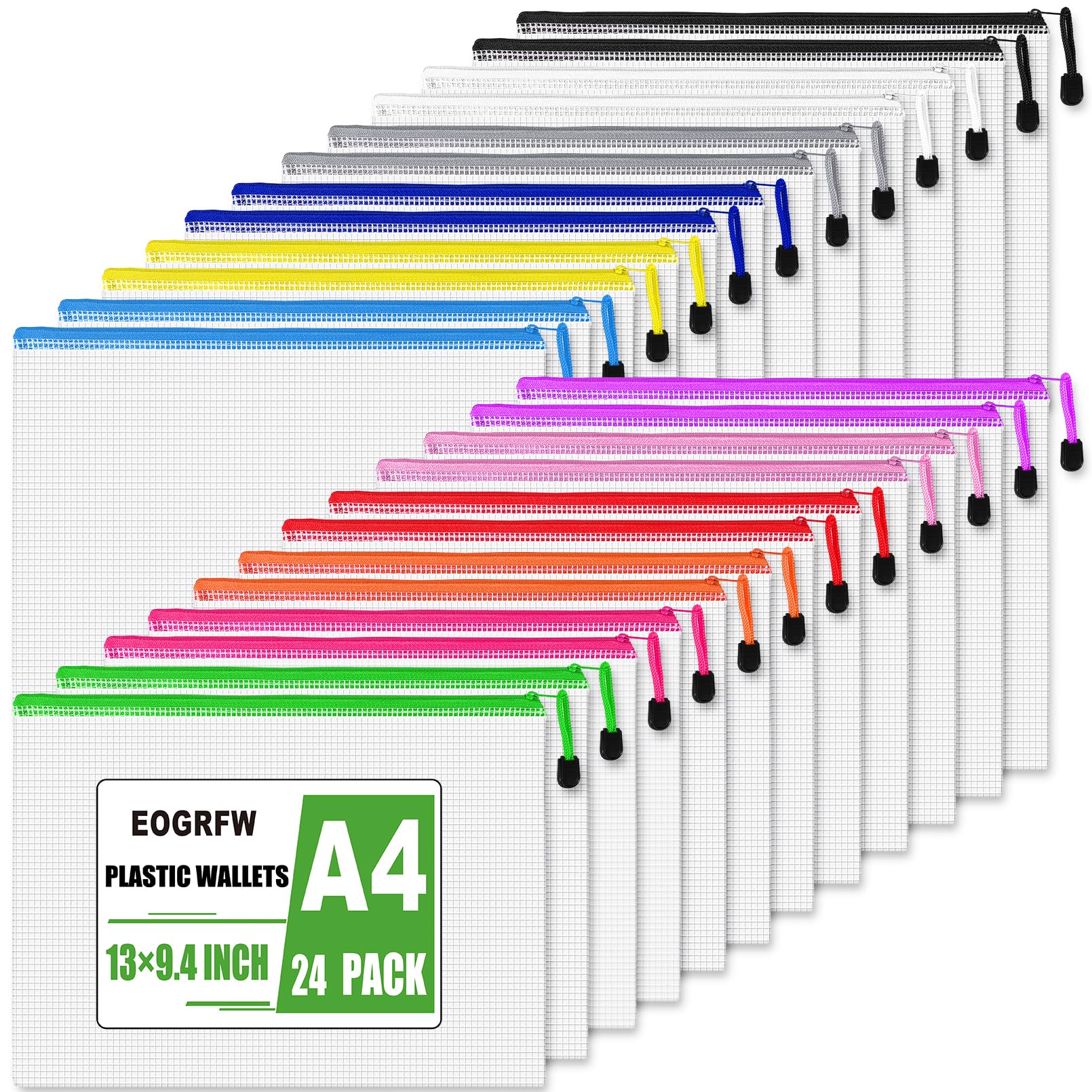 EOGRFW A4 Zip Wallets, 12 Pcs Mesh File Bags, Plastic Pockets with Zipper, Top Zipper File Folders for Office, Home, Travel, Cosmetics, Puzzles & Games Storage