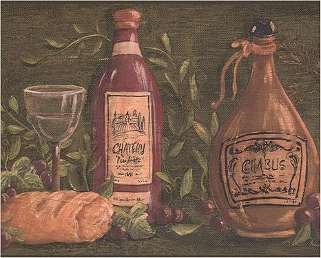 Amazon York Prepasted壁紙ボーダー フランスのワインボトルチーズバゲットセージグリーンウォールボーダーレトロなデザイン ロール15フィート X 9で 壁紙