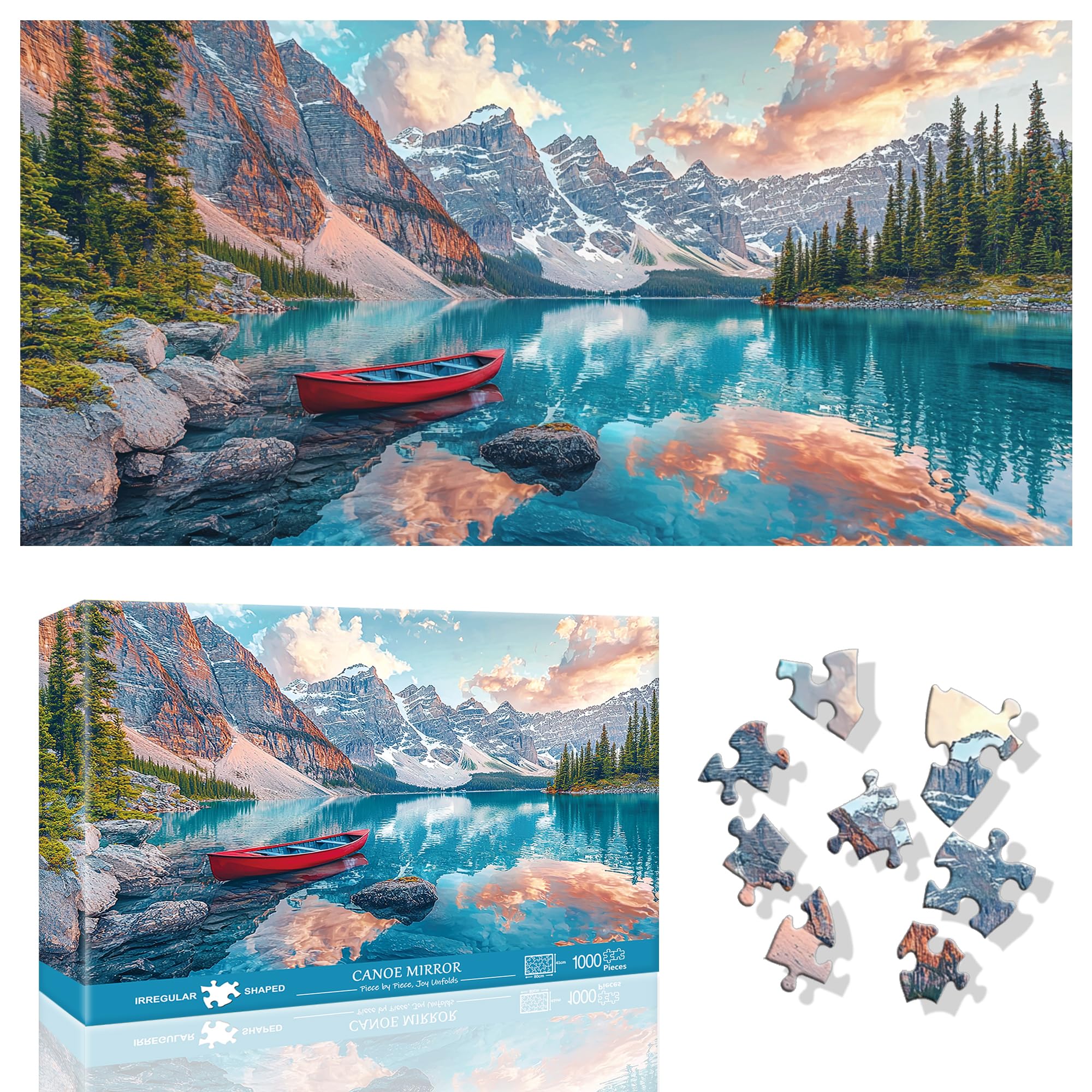 Ginfonr 1000 Piece Jigsaw Puzzles for Adults - CANOE MIRROR, Irregular Shaped Pieces for Challenging Fun, No Dust Classic Landscape Artistic Puzzle, Gifts for Family Game Night 31.5 x 16 inch