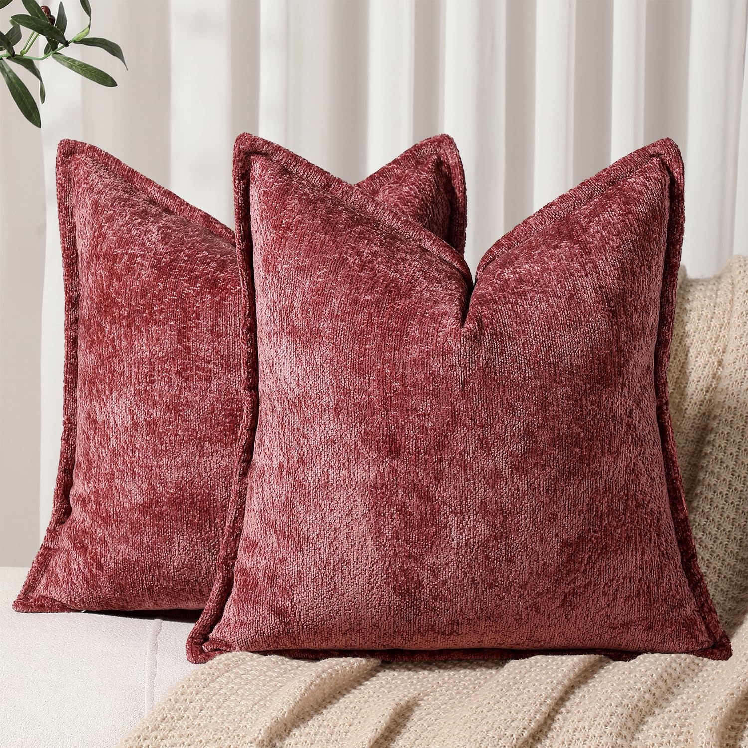 Photo 1 of DEZENE Pack of 2 Burgundy Fall Decorative Throw Pillow Covers 18x18 Cozy Soft Chenille Accent Vintage Square Couch Pillow Covers for Home Decor Bed Sofa Living Room