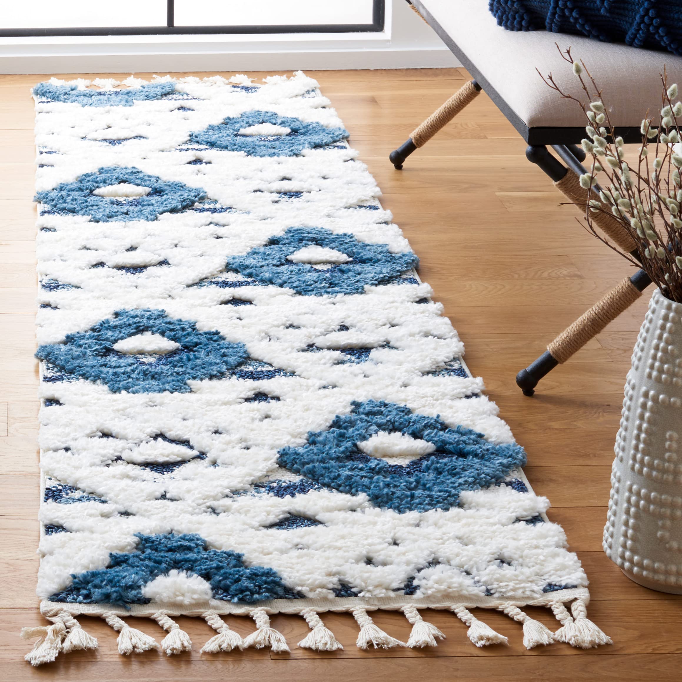 SAFAVIEH Moroccan Tassel Shag Collection Runner Rug - 2'3" x 16', Blue & Ivory, Non-Shedding & Easy to Clean, Plush High-Low Texture, Ideal for Hallway, Foyer, Entryway, Bedroom (MTS688M) Image