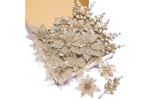 Zhuqing 22Pcs Christmas Poinsettia Artificial Flowers and Glitter Berries Stems Kit, 16Pcs Christmas Tree Flowers Ornaments and 6 Pack Christmas Tree Picks for Wedding Holiday Decorations (Champagne)