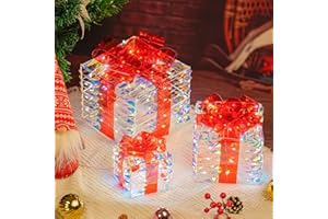 LAWOHO Christmas Lighted Gift Boxes Set of 3 Iridescent Present Boxes with Bow-Knot Battery &USB Powered Light up Box Decorations for Christmas Home Indoor Outdoor Holiday Decoration