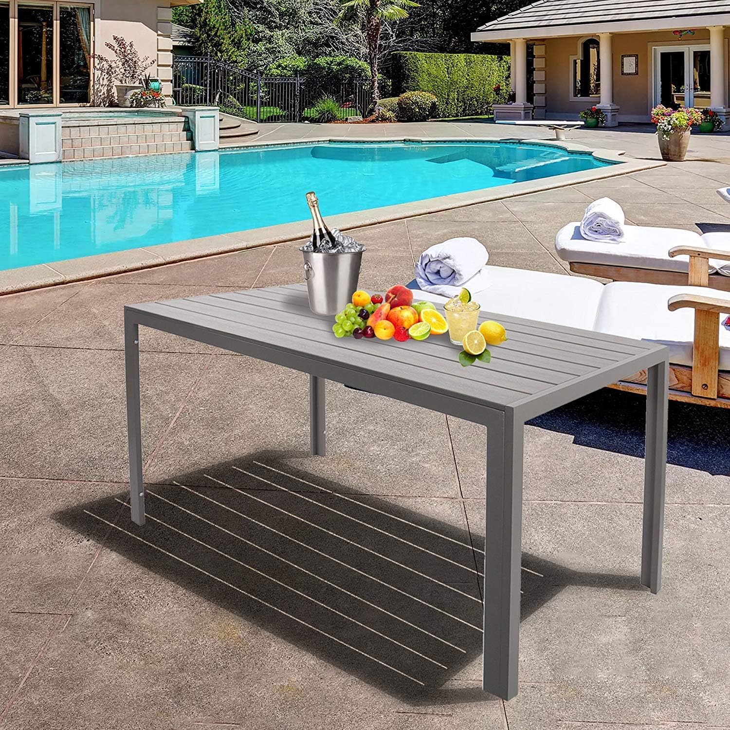 Patio Dining Table Outdoor Aluminum Rectangle Table,All Weather Resistant,Size 55.1”L X 31.5”W X 28.3”H,Gray: Kitchen & Dining