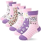 ANTSANG Kids Girls Toddlers Fuzzy Grips Socks with Grippers Non Slip Fluffy Warm Cozy Cabin Plush Crew Socks 6 Pairs