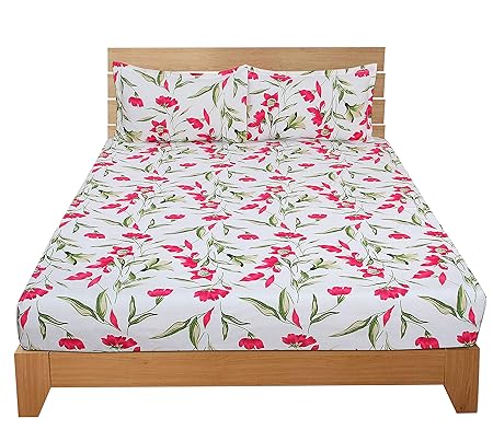 BSB Trendz Aura 3D Print Microfiber Wrinkle, Fade Resistant, Easy Elastic Fitting Ultra King Size Soft 3-Piece Bed Sheet Set, Fitted Sheet with 2 Pillow Cases-White & Red