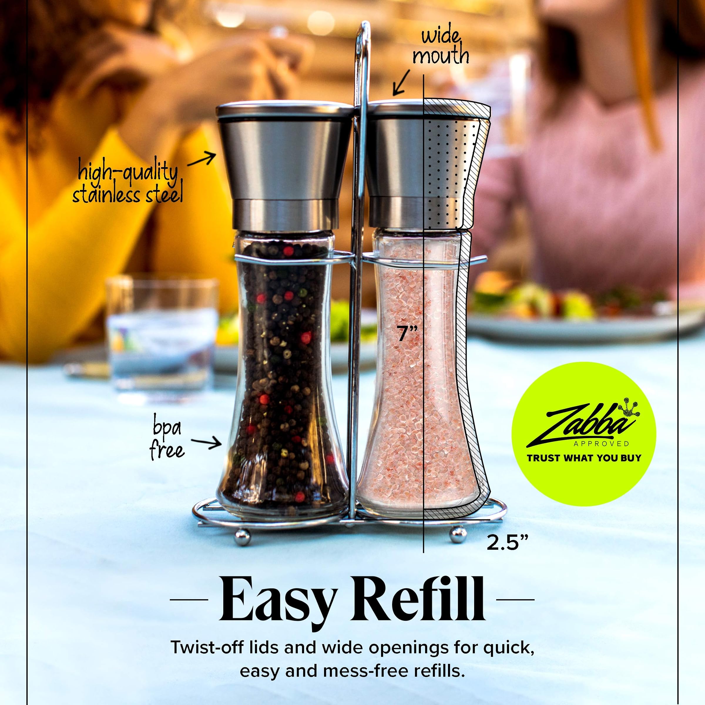 Salt and Pepper Grinder Set with Matching Stand, Stainless Steel Salt and Pepper Shakers, Glass Body and Adjustable Ceramic Mill Set of 2