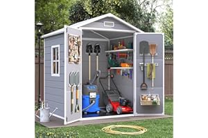 VONZOY Outdoor Storage Sheds with Floor, 6x4.5 FT Resin Garden Shed with Lockable Door, Window, Waterproof, Plastic Tool Storage for Bike, Garbage Can, Grey White