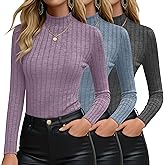 Velvelhall 3 Pack Women's Mock Turtleneck Sweater Ribbed Knit Long Sleeve Tops Soft Thermal Layering Shirts