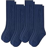Eurzom 4 Pairs Knee High Uniform Socks for Girls 5-12y Acrylic Knit Cable Navy Blue White School Socks Daily Accessories Gift